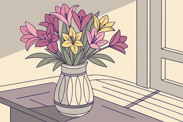 Vibrant flowers in a vase by the window isolated on white background, Vector