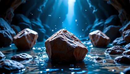 Floating Rocks Underwater Cave with Light and Water Droplets