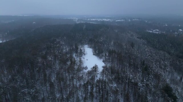 Drone flight over the Bruce Trail forest in Ontario, Canada after fresh snow, revealing a long white clearing through treetops and a misty horizon under an overcast sky.
