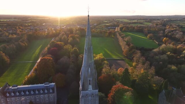 Tower of Old Chapel and St. Patrick's College during fall sunset. Beautiful day in Ireland.