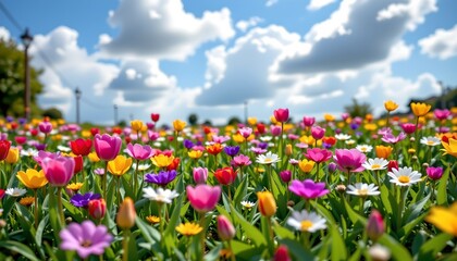 Blooming Meadow Wildflowers Under Bright Blue Skies
