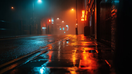 searchlight. Moody nighttime street scene with wet pavement reflecting neon glow, evoking cinematic mystery. STEM education sheets.
