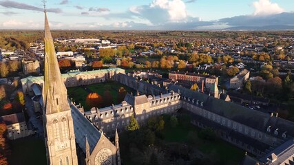 Autumn colours and historic university building in Maynooth University, Ireland. Drone