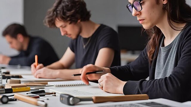 Students studying with tools on table
