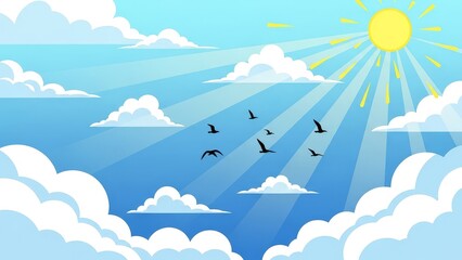 Vibrant sunny sky with birds flying amidst fluffy white clouds
