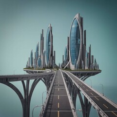 Fototapeta premium City of Tomorrow: A futuristic cityscape, with towering skyscrapers connected by elegant roads and bridges, floating in the sky against a soft blue backdrop.