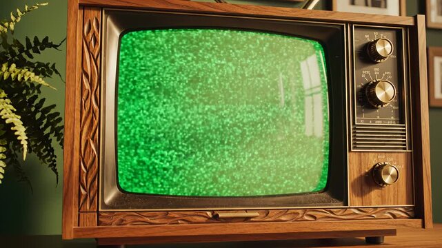 Vintage TV on wooden cabinet with green screen