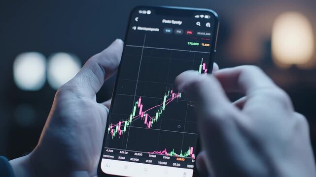 Hands holding smartphone with stock chart