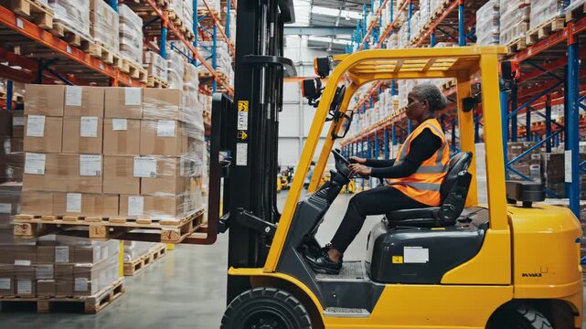 Woman operating forklift in warehouse