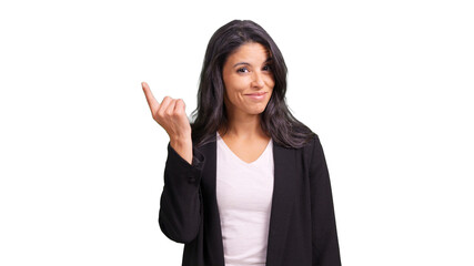 Woman inviting with finger gesturing to copyspace isolated on transparent background