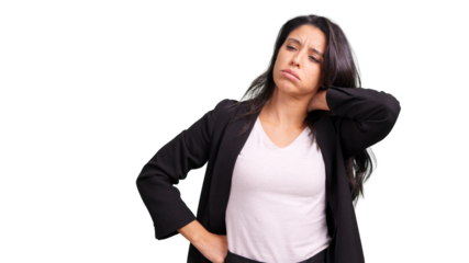 Woman experiencing neck pain feeling tired and stressed