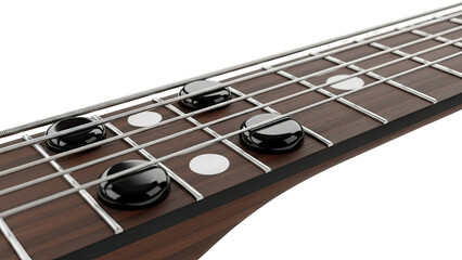 Close-up of a bass guitar fretboard with strings and inlay dots