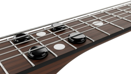 Close-up of a bass guitar fretboard with strings and inlay dots