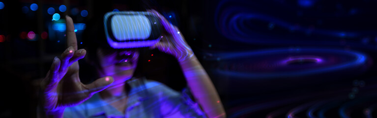 Futuristic Virtual Reality Experience with Woman Using VR Headset and Digital Interface