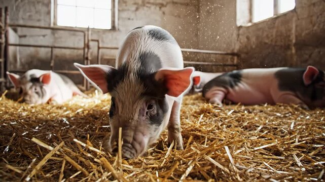 Pigs in a barn with straw
