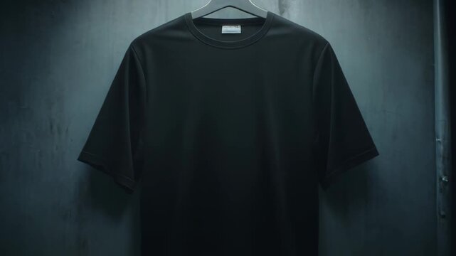 Black T Shirt Hanging Against Textured Wall in Dark Studio