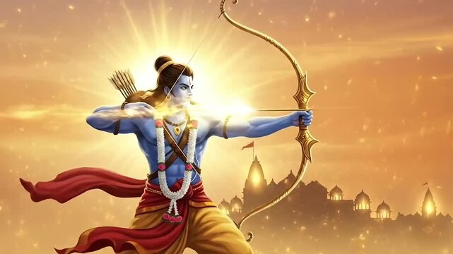 Ram Navami animated visual of Lord Rama drawing bow with radiant arrow inspired by Ramayana devotion Hindu culture spiritual motion graphic footage