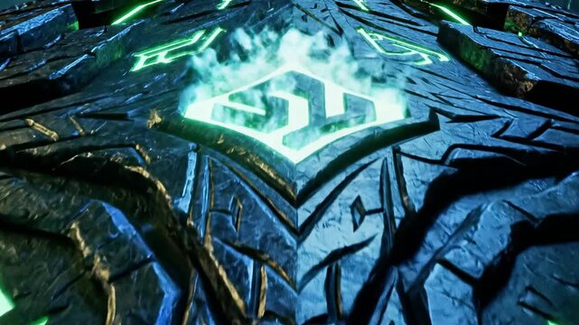A close-up view of a dark surface with intricate, neon-lit designs and patterns etched into it, emitting a vibrant blue-green glow