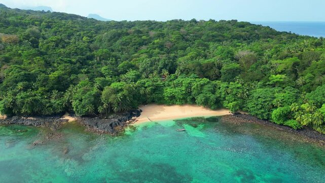 Aerial view from Margarida beach with the forest at background. Ilha do Principe,Africa