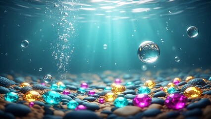 Vibrant underwater scene with colorful jewels and bubbles rising to surface
