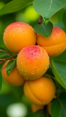 Fresh apricots on tree with water droplets on leaves and fruit