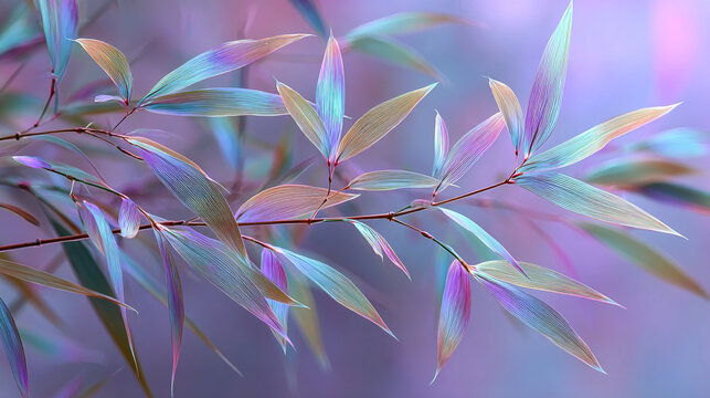 A close-up of bamboo leaves with an iridescent sheen, creating a dreamy and artistic effect