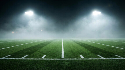 Obraz premium An atmospheric American football field at night, illuminated by bright stadium lights and shrouded in mist.