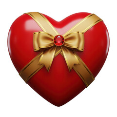Shiny red heart with gold bow, isolated on transparent background