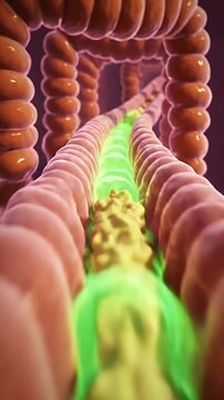 Close-Up 3D Animation of Small Intestine with Peristalsis in Operation Green Chyme Passing Through for Medical