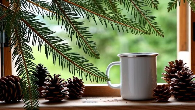 Cozy winter cafe mug pine branch window view book ambience scene with white metal mug and pine cone wooden window sill evergreen branch frame warm rustic holiday cabin interior nature forest slow