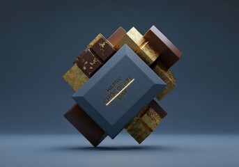 Abstract Geometric Composition with Interlocking Cubes and Golden Accents