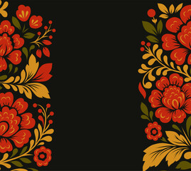 Vector decorative floral card with copy space. Invitation with Slavic tracery ornament with red flowers and place for text on a black background