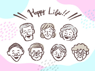 Fototapeta premium 笑顔の高齢者の顔バリエーション 幸せな老後・健康寿命・福祉イメージのベクターイラスト