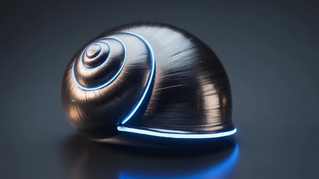 Futuristic metallic snail shell with glowing blue spiral pattern on a dark surface