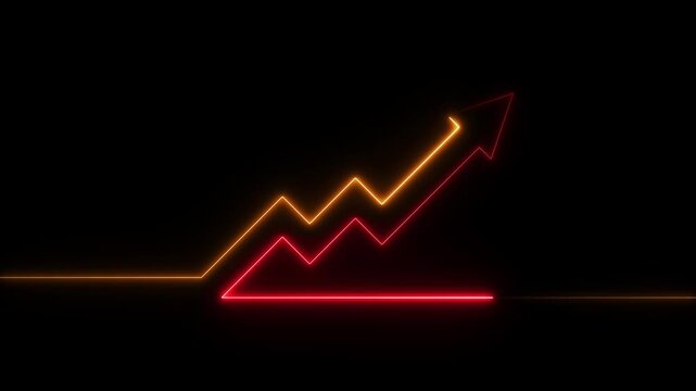 Neon up arrow animation. Glowing increase sales with business graph motion. growth arrow, profit, investment on black background. growth business up arrow video footage.