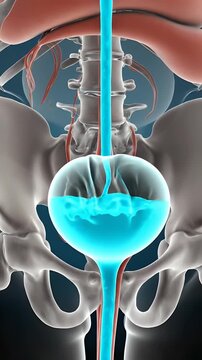Detailed 3D Animation of Bladder Emptying During Urination With Visible Pelvis Spine and Arteries Medical Educational