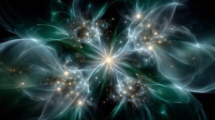 Luminous petals intertwining with starlight, cosmic flower blossoming amid dark universe, radiating ethereal mystical beauty