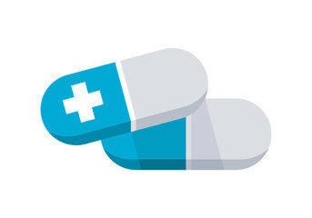 Blue capsule medicine with white cross medical icon flat vector design
