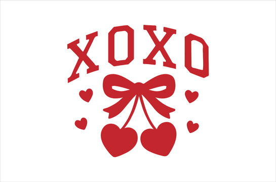 A red graphic featuring xoxo hearts a bow and two cherries