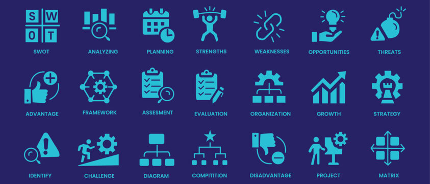 SWOT analysis icon set. Containing strengths, weaknesses, opportunities, threats, advantage, assessment, framework, strategy, planning, project and more. Solid vector icons collection.