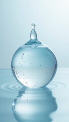 A glass orb filled with water and droplets rests on a surface with ripples in the water