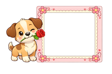 Adorable cartoon puppy winking with a rose next to a pink floral frame