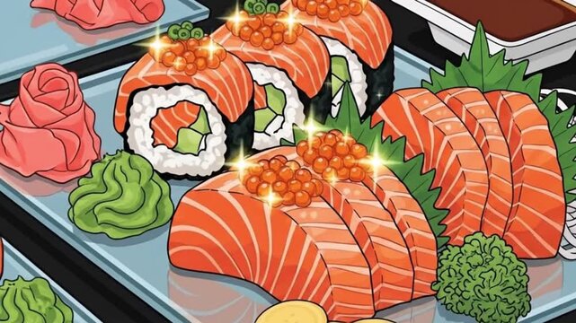 Cartoon style illustration of a large delicious sushi and sashimi platter