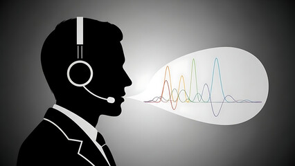 A man wearing a headset speaks with a sound wave graph emerging from his mouth representing communication and data analysis with business - Ai Generated
