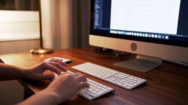 Hands typing on a white keyboard, with a computer monitor and desk. Soft lighting is present