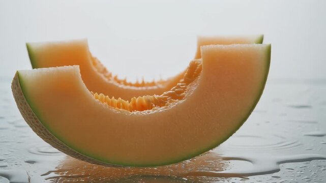 Two Melon Slices on Wet Surface in Front of White Background