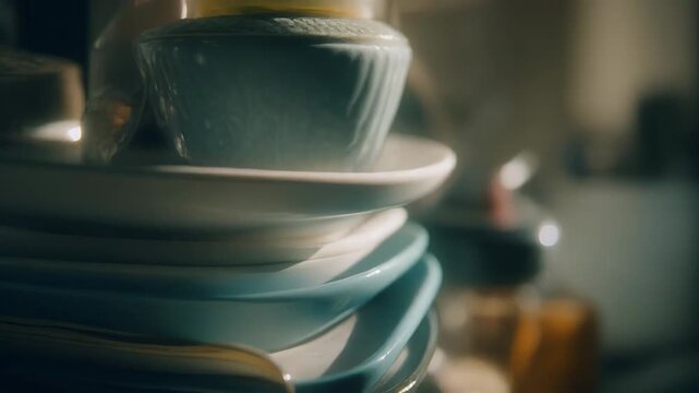 Stack of Assorted Dishes with Blue Plates and Kitchen Utensils