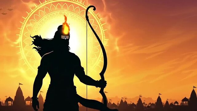 Ram Navami animated scene of Lord Rama silhouette with bow at sunset inspired by Ramayana devotion Hindu culture spiritual motion video
