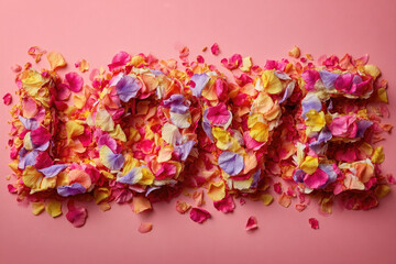 Obraz premium Creative concept made of flower petal with word love and with a sweet heart. Flat lay. Valentines day concept 