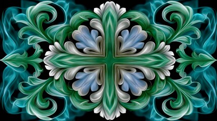 Green cross with floral ornament and turquoise smoke on a black background creating a beautiful religious symbol, perfect for spiritual or faith based projects
